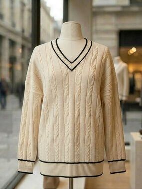 Adrianna Papell Cable Knit V-Neck Sweater with Navy Trim